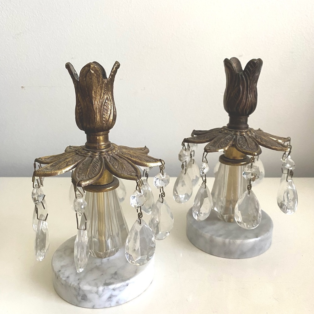 Brass Tulip Candle Holders with Crystals and Marble Base